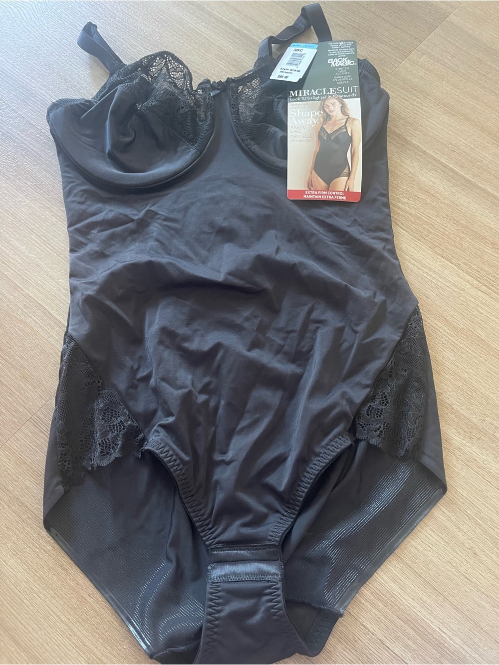 NWT Miraclesuit Shape Away Lace-Trim Bodysuit — Black size 38C